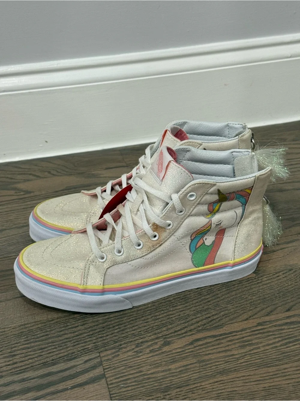 VANS Sk8-Hi Zip Rainbow Unicorn Glitter Sneaker Shoes White Pink Youth US Size 6